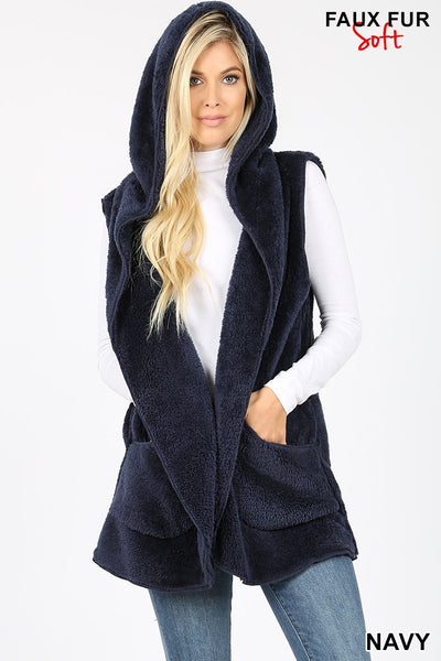 4487 Relaxed Fit Hooded Faux Fur Cocoon VEST in NAVY HQ-Z99