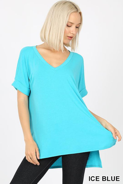 4012 1/4S Rolled V Neck HiLo Side Slit TOP in ICE BLUE HQ-J13B