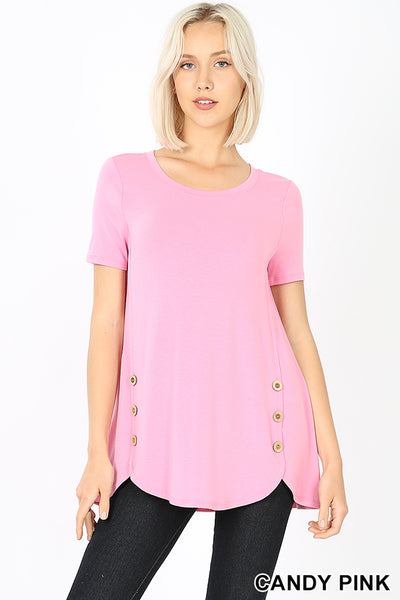 4330 1/4S Dolphin Hem w Wood Buttons TOP in CANDY PINK HQ-AA9C