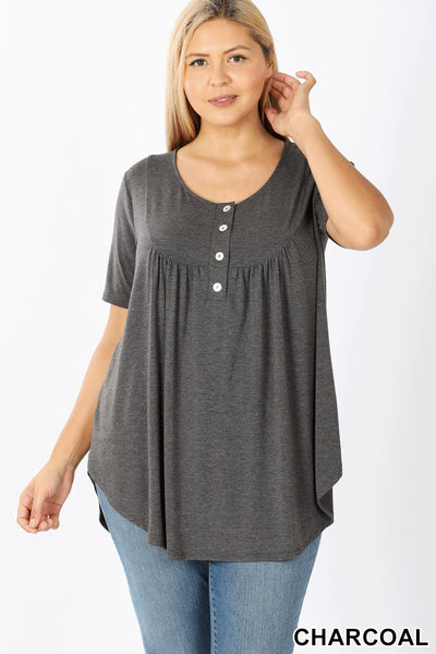 4383 1/4S Round Hem Yoke Neck TOP in CHARCOAL HQ-N18A