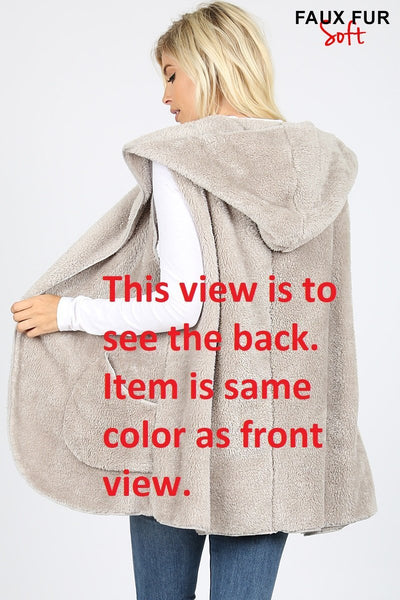 4483 Relaxed Fit Hooded Faux Fur Cocoon VEST in CEMENT HQ-99