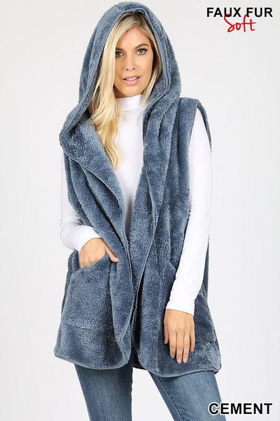 4483 Relaxed Fit Hooded Faux Fur Cocoon VEST in CEMENT HQ-99