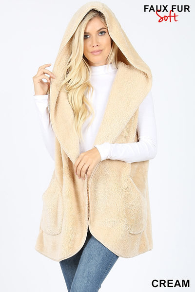 4484 Relaxed Fit Hooded Faux Fur Cocoon VEST in CREAM HQ-99